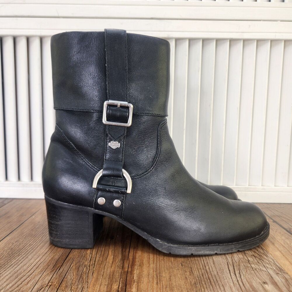 Harley-Davidson - Women’s Leather w/ Metal Buckle Black Heeled Boots - Size 8.5 - Picture 2 of 11